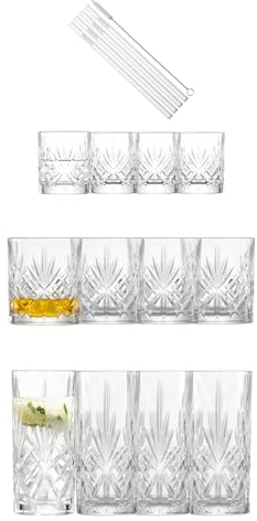 Schott Zwiesel 17er Barset Show, jeweils 4 Anmutige Longdrink-, Whisky- und Schnapsgläser mit Relieff, 4 Glastrinkhalmen und 1 Baumwollbürste, Spülmaschinenfeste Kristallgläser (Art.-Nr. 124010)