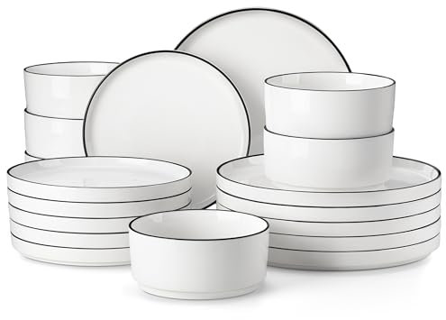 MALACASA Juego de Vajilla para 6 Personas de Porcelana, 18 Piezas con Platos Llanos ∅ 26 cm, Platos de Postre ∅ 21 cm y Cuencos para Cereales de 760 ml, Color Blanco con Borde Negro, Serie LEAH