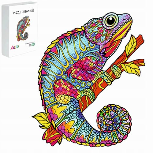 PASJO - Holzpuzzle Erwachsene mit Chamäleonmotiv 131 Teile 25x20 cm - Geschenkidee für Kinder - Holz Puzzle Chamäleon - Einzigartige Tierförmige Holz-Puzzle - Creative Jigsaw aus Holz für Erwachsene