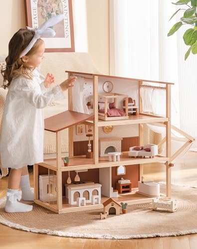 ROBUD Maison de poupée en bois, 3 étages, style bohème, maison de poupée avec 37 accessoires et meubles | Jouets pour enfants à partir de 3 ans et filles