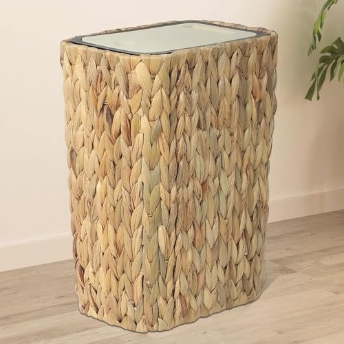 Stepeak Papelera de Cocina Boho, Cubo de Basura 12 Litros con Tapa Abatible, Tacho de Basura y Papelera de Ratán 2 en 1, Tarro de Basura de Baño Pequeño, Cubo de Basura Antiolor Beige