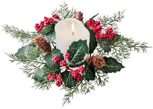 Duroecsain Weihnachtskerzenringkranz, Kranz aus Kerzen-Ringen, Kleiner Kranz aus künstlichen Weihnachtskerzen, Säule, Kerzenhalter, Grün, Tannenzapfen, Herzstück