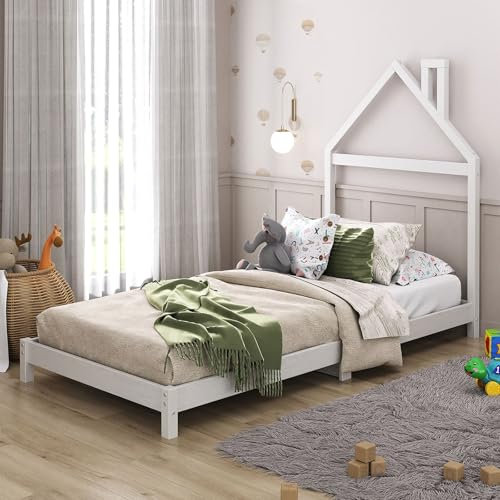 IDIMEX Kinderbett Liz 90x200 cm in Hausoptik aus Massivholz weiß - Bodenbett für einfaches EIN- und Aussteigen, Montessori Kinderzimmer