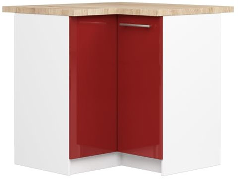 AKORD | Eck-Küchenschrank mit Arbeitsplatte - Oliwia S90 | Küchenunterschrank mit 2 Türen und 2 Einlegeböden | Unterschrank Küche 90 cm Breit | ABS-Kante 18 mm | 46 x 90 x 85 cm | Weiß & Rot Glanz