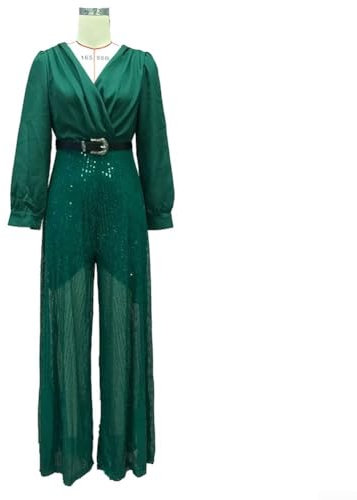 Eawfgtuw Damen Pailletten Spleißen Breites Bein Jumpsuit Elegant V-Ausschnitt Langarm Abend Party Outfit Loose Fit Playsuit für Club Urlaub S-2XL (2XL Dunkelgrün)