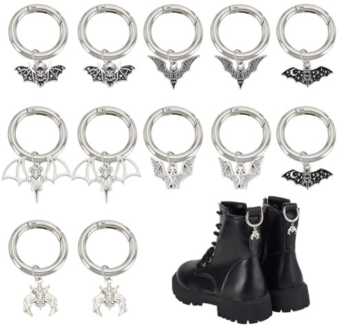 PH PandaHall 12 Stück Fledermaus Schuh Charms Gothic Punk Schuh Charms 6 Stile Schwarz Silber Fledermaus Anhänger Charm Legierung Schnürsenkel Anhänger Mit Federringen Für Schuhe
