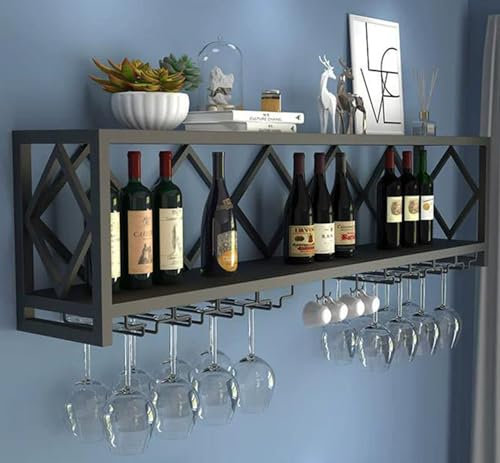 Portabottiglie galleggiante con supporto per bicchieri, mobiletto per vino nero, decorazione da parete per bottiglie di vino nizer, scaffale moderno da esposizione 60 x 25 x 45 cm