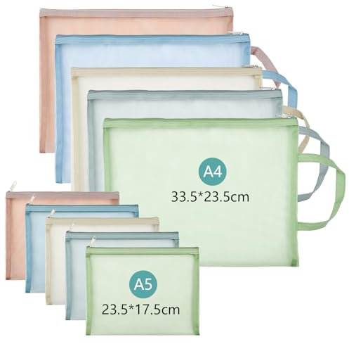 GZCZCC 10Pcs Mesh Zipper Pouch Bags Plastic Wallets File Folder A4&A5 Size Zip Lock Bags Mesh Document Wallet Colored Single-Layer Toy Storage Organizer Zip Lock Folder with Handle for School Office