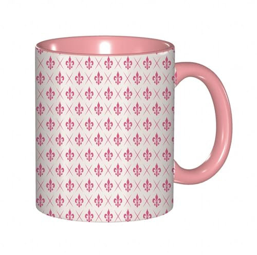 EKLMPS Becher aus Keramik, Ideal als Geschenk, Hochwertiger Aufdruck, Tasse mit Motiv, Tee Becher, Coffee Cup, 330ml,Rosa antike Lilien Blumenmotive mit Karomuster Französische Heraldik Dekorativ, Ros