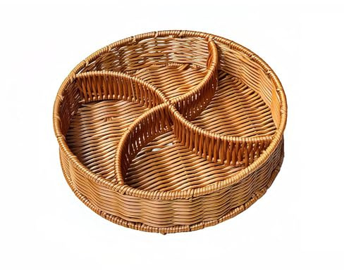 Woven Circle Serving Tray for Living Room, Rattan Round Wicker Basket, Food Snack Candies Holder, Hand-Woven Rattan Serving Tray(4 Divided)