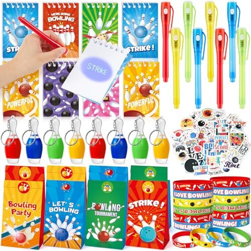 90 Stück Bowling Mitgebsel Kindergeburtstag für Jungen 6 7 8 9 10 Jahre Zauberstifte kinder & Notizblock Geschenktüten LED-Schlüsselanhänger Silikonarmband Bowling Give aways Gastgeschenke für Kinder
