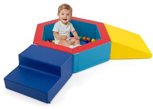 COSTWAY 3 TLG. Schaumstoff Bausteine mit Bällebad, Softbausteine mit 100 Ozeanbällen, Riesenbausteine zum Klettern & Toben, Großbausteine Kletterblöcke XXL Indoor für Kinder ab 1 Jahr