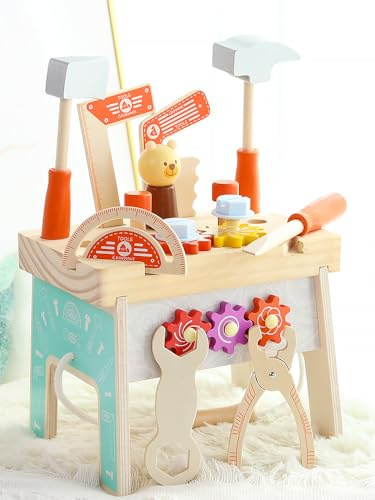 LENA INGROSSO Montessori Werkbank aus Holz – Lernspiel für Kinder mit bunten Werkzeugen und Zahnrädern
