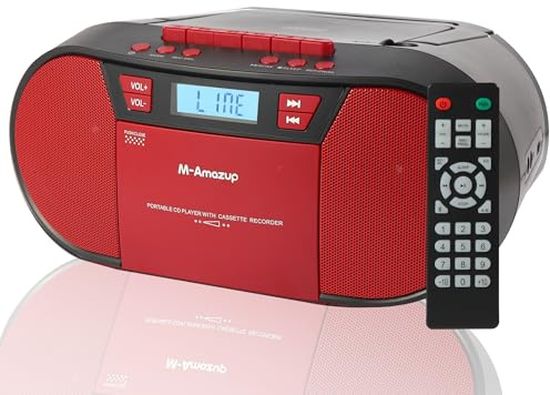 M-Amazup Lettore CD Boombox Cassette Player Combo con Bluetooth,Radio AM/FM,Suono stereo con telecomando,AUX/USB Drive,Registrazione a nastro,Alimentato AC/DC,Jack per cuffie rosso V60098BT-BLK