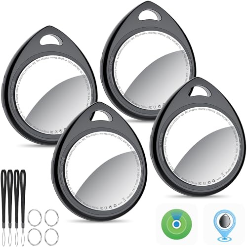 QCOQ® Air Locator Tags 4 Pack Compatible with Apple Find My (iOS Only) | Smart Bluetooth Tags, Item Tracker with Keychain/Lanyard for Keys, Wallets, Luggage, Suitcases, Replaceable Battery Black