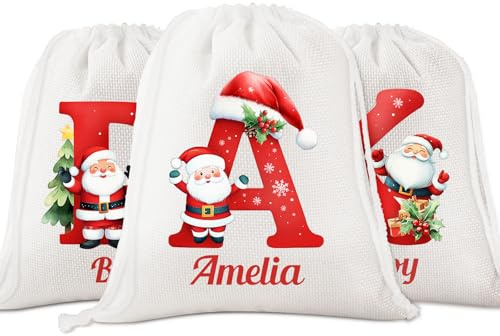 papasgix Christmas Sacks Personalised Santa Sack Extra Large with Initial & Name Custom Drawstring Christmas Wrapping Bags Xmas Gift Bags Christmas Stocking Alternative(Red,50x70CM)