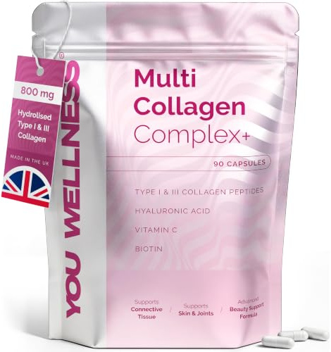 Multi Collagen Supplements for Women & Men – 800mg Hydrolysed Type I & III Collagen Peptides Capsules for Skin, Hair & Nails – Collagen Complex with Hyaluronic Acid, Vitamin C & Biotin – 90 Capsules