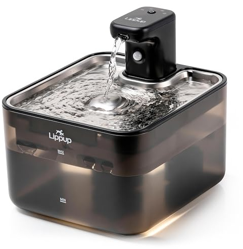 LIPPUP Fontaine à eau sans fil pour chat - 2,6 l - Fontaine à eau sans fil pour chats à l'intérieur, fonctionne à piles avec détecteur de mouvement, pompe ultra silencieuse, sans BPA, noir