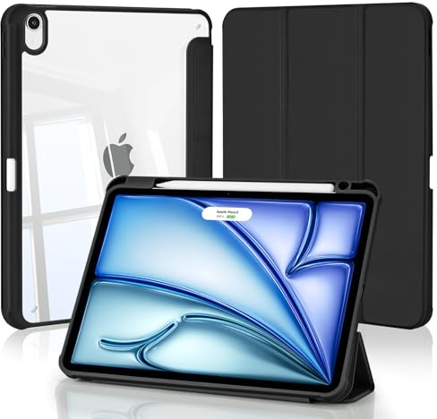 4UBonLife Coque pour iPad Air 11 Pouces M4/M3/M2 2026/2025/2024, iPad Air 5/4 (10,9 2022/2020) avec Porte-Pencil, Housse de Protection Transparente Claire Arrière Étui Antichoc Tablette, Noir