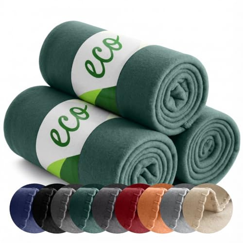 wometo 3er Set ECO Fleecedecke aus 100% recyc. Material 130x160 dunkelgrün | OEKO-TEX ca. 400 g - 100% recyceltem Material - mit Anti-Pilling und Kettelrand, im praktischen 3er Pack