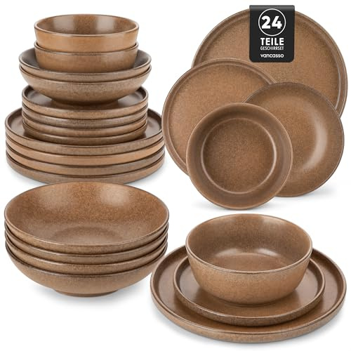 Geschirrset 6 Personen, vancasso ZERMATT 24tlg Steingut Geschirr Set | Teller Set Gedämpftes Braun, Modern Tafelservice mit Speiseteller, Suppenteller, Desserttellern Schüsseln