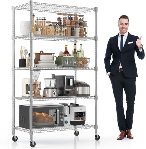 Himimi 5 Tier Heavy Duty Chrome Metal Shelving Unit on Wheels, 90Wx45Dx208H cm, Adjustable Large Tall Wire Shelving Unit, Free Standing Storage Racking Shelves for Kitchen Pantry Garage Shed, Silver