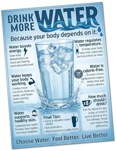 Hydration Station Sign - Drink More Water Wellness Chart with Health Benefits for Gym Locker Room & Office(Unframed,12x18inch(30x45cm))
