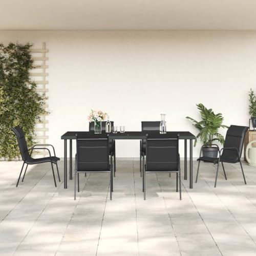 RMIHSJG Salon de jardin 7 pièces en acier et textilène noir avec structure en acier revêtu par pulvérisation et plateau en verre trempé, chaises rembourrées résistantes aux intempéries pour terrasse