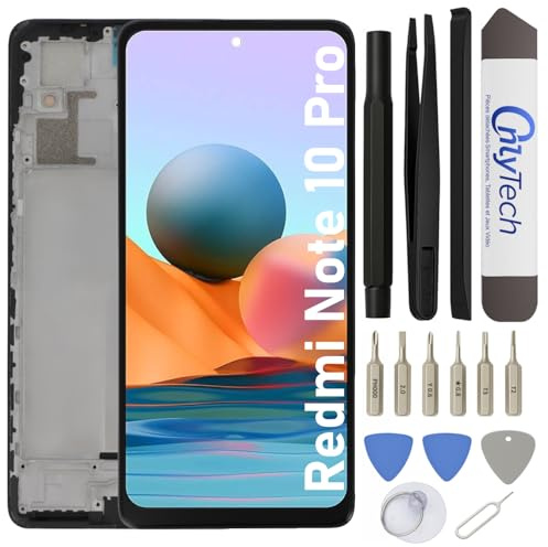 OnlyTech - Pantalla LCD completa con chasis ensamblado de repuesto para Xiaomi Redmi Note 10 Pro con kit de reparación de 15 herramientas