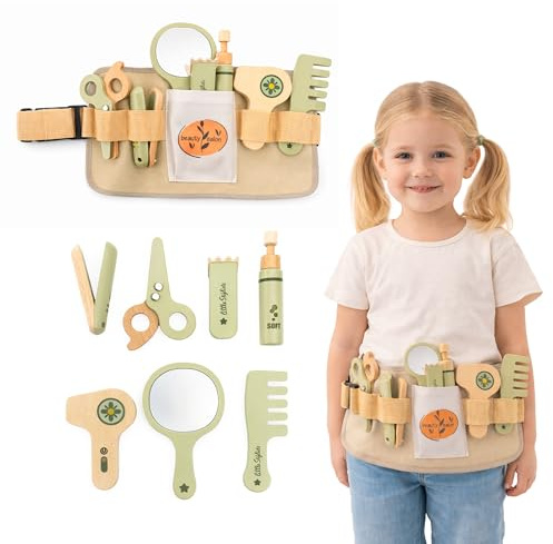 mamabrum Friseur Set Kinder Holz 8tlg Friseurkoffer mit Gürtel Zubehör Spielzeug Friseurspiel Set Rollenspiel Haarschneiden Styling Kinder