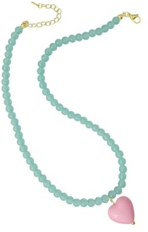 Ticome Pink Heart Pendant Necklace Acrylic Beads Color Contrast Neckchain | Cute Boho Candy Color Love Heart Beaded Choker Chain, Adjustable Pink Light Green Statement Sweet Accessories Jewelry