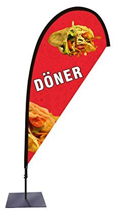 Beachflag Döner Werbefahne über 2m hoch Tropfenform mit Bodenplatte für den Außen- und Innenbereich