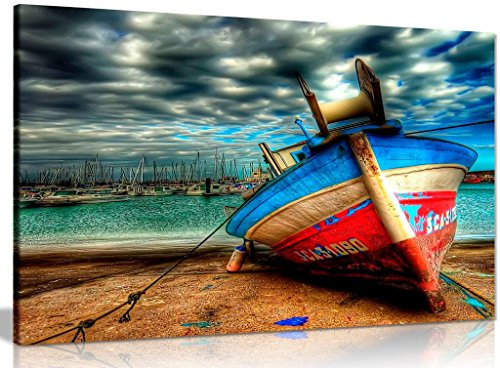 Leinwandbild, Motiv Landschaft, buntes Boot auf See, A0 91x61cm (36x24in)