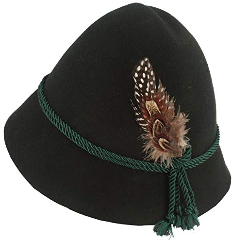 Breiter Original Kinder Stopselhut Filzhut Trachtenhut aus 100% Wolle - mit 2-Fach Seidenkordel & Kleiner Feder für Mädchen & Junge 52 Grün