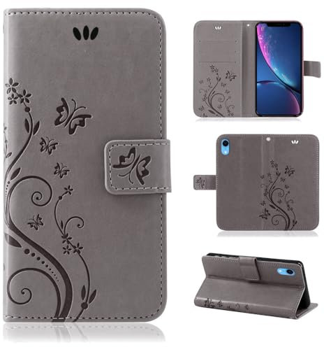 betterfon Hülle Kompatibel mit Apple iPhone XR | Premium PU Leder Handyhülle Wallet Case für iPhone XR | Schutzhülle Blumen Klapphülle Handyhülle | Grau