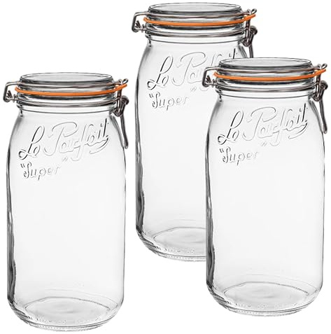 Le Parfait Super Jar Lot de 3 bocaux de conservation en verre français de 3 l avec joint en caoutchouc hermétique et fermeture à bélière métallique – Bocal de conservation sans BPA pour cornichons