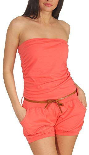 Malito - Damen Jumpsuit - Einteiler mit Gürtel & Taschen - Bandeau Sommer Overall - kurzer trägerloser Playsuit - unifarbener Romper 8964 (Coral)