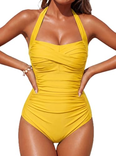 Smismivo Soporte para Mujer Tummy Control Swimwear One Piece Retro Swimsuit Sexy Ruched Vintage Slimming Bathing Suit