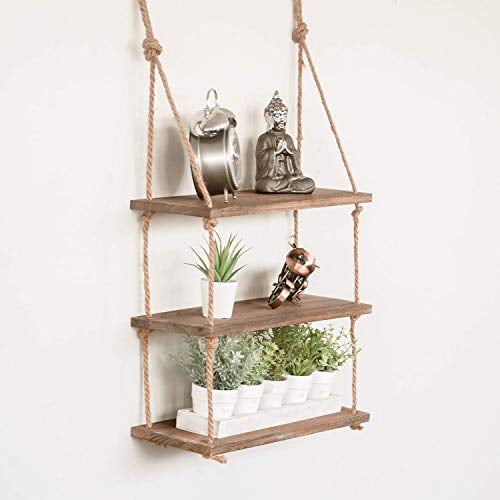 Homezone® Modernos estantes de cuerda de madera de 3 niveles, estantes flotantes rústicos montados en la pared, estantes colgantes decorativos para guardería, cocina, baño, dormitorio, decoración de