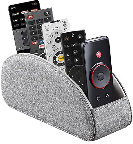 PU Leather Remote Control Holder,TV Remote Caddy with 5 Compartments,Bedside Table or Desktop Organizer for TV,DVD,Blu-Ray,Heater Controllers and Glasses,Media Player,Pen or Pencil Storage(Grey)