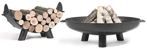 KORONO ® Feuerschale mit Ablaufloch & Griff & Separate Holzablage (Schale: 80cm Ø)