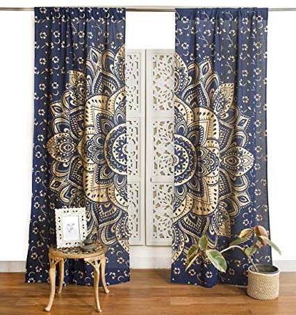 Popular Handicrafts Mandala-Vorhang im indischen Hippie-Stil, Bohemian-Stil, Ombré-Stil, Blau/Gold