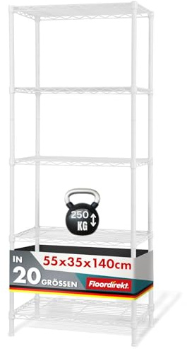 Floordirekt Gitterregal Rocky | Metallregal | Tragkraft ca. 50 kg je Boden | Multifunktionales Ablagesystem | In Zwei Farben und verschiedenen Größen erhaltlich (55 x 35 x 140 cm, Weiß)