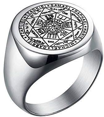 BlackAmazement 316L Edelstahl Ring Siegel der sieben Erzengel Siegelring Rund Silber Damen Herren