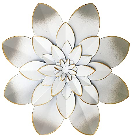 Picfarce Weiße MetallBlumenWandkunstDekoration, 24,1 cm, rustikale, moderne Blumenskulptur, UsedLook, hängende Heimdekoration, AkzentKunstwerke für Innen, Schlaf, Wohnzimmer, Büro, Außen,