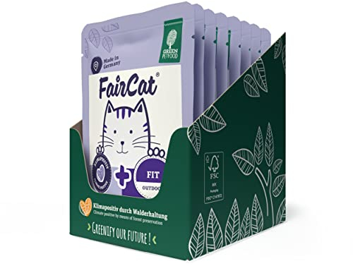 Green Petfood FairCat Fit (8 x 85 g), getreidefreis Katzenfutter für Outdoor Katzen, Katzennassfutter für ausgewachsene und aktive Katzen, Katzenfutter mit Tierwohl-Hühnchen und Lachs, 8er-Pack