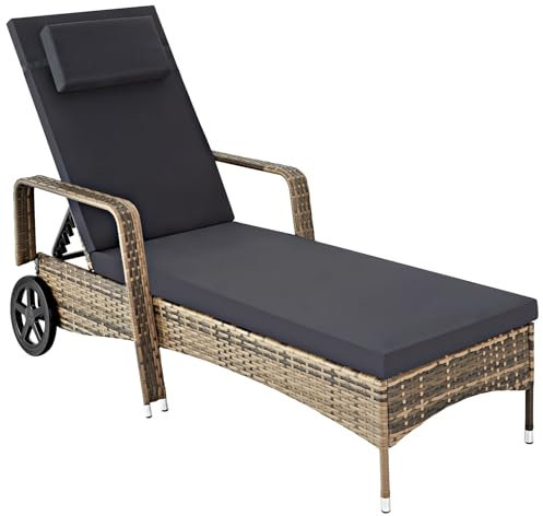 TecTake 801041 Tumbona de ratán y Aluminio para jardín, Asiento de ratán sintético para terraza con Ruedas y Respaldo Ajustable, Mobiliario de Exterior para Piscina (Natural)