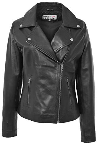 Womens Real Leather Biker Jacket Cross Zip Style Lola (12, Black)