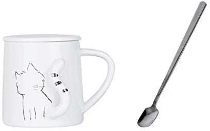 Tasse à café Lovely Cat Mugs imprimés Set Tasse en Forme de Chat 3D avec Couvercle et cuillère Tasse à café/thé/Eau/Lait en céramique (A)