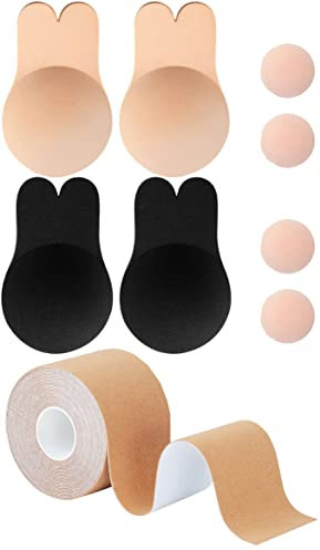 Memoryee Donna Nastro per Seno, Reggiseno Coniglio Invisibile in Silicone Adesivo Push Up con 4 Riutilizzabile Coppa Reggiseno Capezzolo, Boob Tape per A-G Coppa Grandi/Beige+Black-2pair/XL
